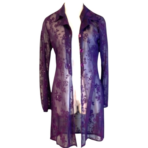 Deep Purple Sheer Lace V-Neck Long Blouse - Picture 14 of 15